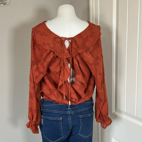 Anthropologie Shirt Textured Floral Ruffle Blouse Top Rust Crimson Tie Back Sz S - Picture 7 of 13